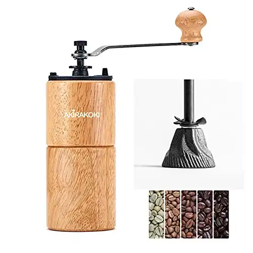 AKIRAKOKI Manual Coffee Bean Grinder Wooden Mill with Cast Iron Burr, Large Capacity Hand Crank, Portable Travel Camping Adjustable