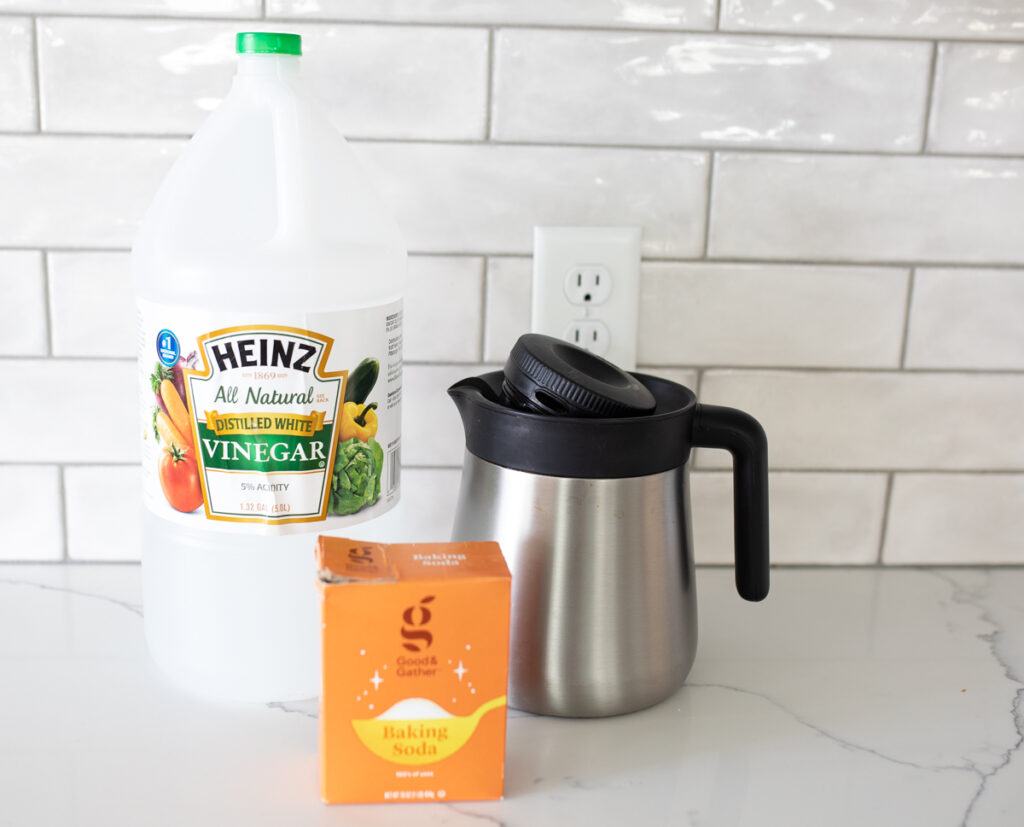 coffee carafe, baking soda and vinegar