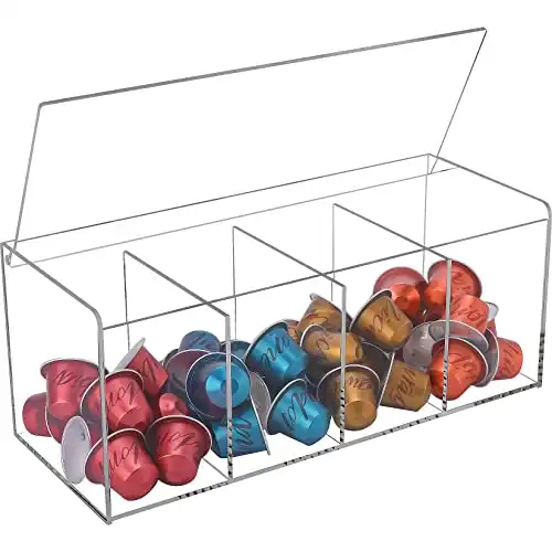 Coffee Pod Holder, Organizer for K Cup Acrylic 4 Compartment with Lid